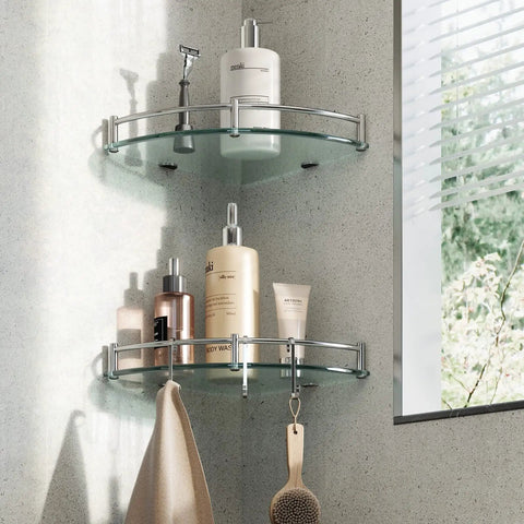 Two Tier Tempered Glass Corner Shower Shelves With Extra Hangers Rustproof Aluminum Bath Organizer For Inside Shower Space Saving Caddy That Keeps Shampoo Soap And Grooming Gear Neat And Accessible And Easy To Install mounted on wall with bath products
