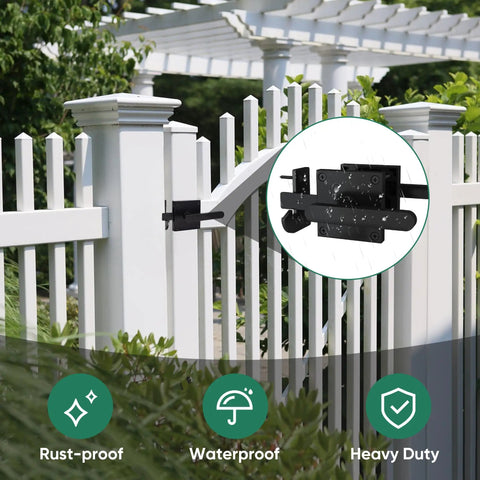 Heavy Duty Gate Latch With Dual Sided Handles For Right Inswing Gates Self Locking Swing Gate Hardware installed on white outdoor fence