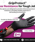 Tough As Nails Black Nitrile Gloves with Top Tier Chemical Resistance and Advanced Tear Protection for Law Enforcement Medical Labs and Industrial Settings Built Different Smooth Grip Technology, 5mil thickness.