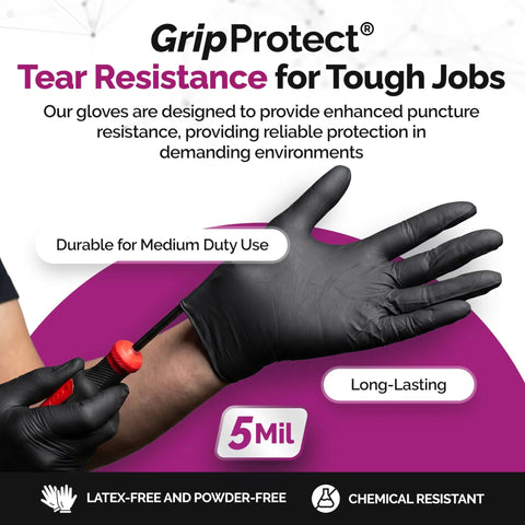 Tough As Nails Black Nitrile Gloves with Top Tier Chemical Resistance and Advanced Tear Protection for Law Enforcement Medical Labs and Industrial Settings Built Different Smooth Grip Technology, 5mil thickness.