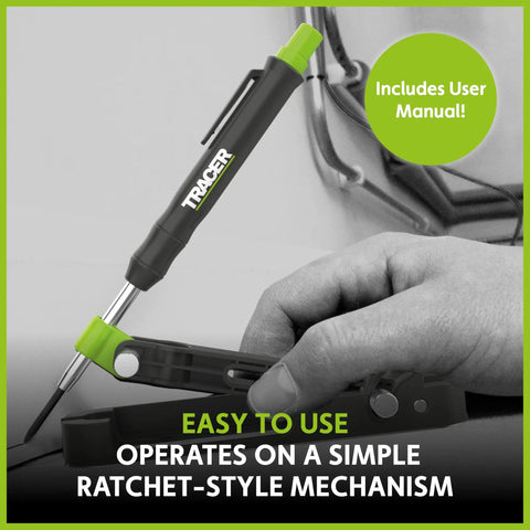 Heavy Duty Woodworking Scribe Tool Set With Deep Hole Marking Pen And Replacement Leads, showing the operating ratchet-style mechanism.