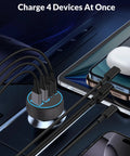 4 In 1 USB C Car Charger With 90W Fast PD QC Power, Dual 45W USB C And USB A Ports, charging multiple devices in car
