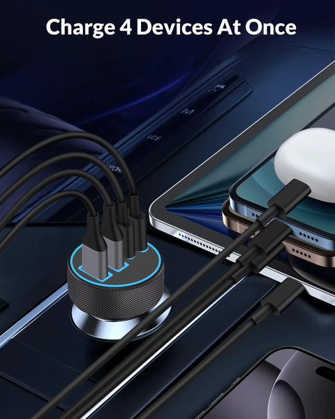4 In 1 USB C Car Charger With 90W Fast PD QC Power, Dual 45W USB C And USB A Ports, charging multiple devices in car