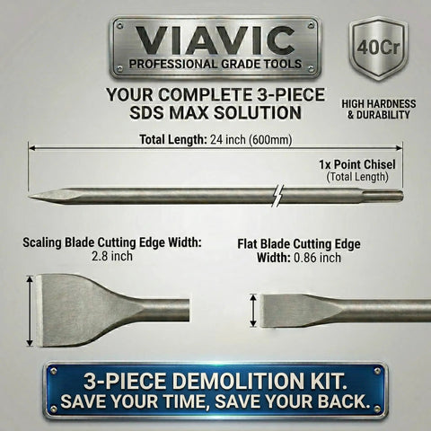 Image of 24 Inch SDS Max Chisel Bits Set 3 Piece Extra Long Demolition Kit with scaling and flat blades, 40Cr alloy steel.