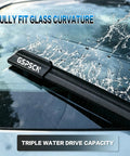 Straight Up Tough 26 And 16 Inch Windshield Wiper Blades With Heavy Metal Frame For All Season Action Quick J Hook Install, shown in rain.