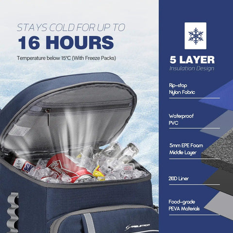 35 Can Leakproof Insulated Cooler Backpack showing interior packed with drinks and ice, highlighting 5-layer insulation design.