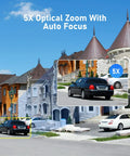 Image of a residential street with zoomed view of a car. Features Outdoor PTZ POE Cam 5MP Dome With 5X Optical Zoom, IR Night Vision.