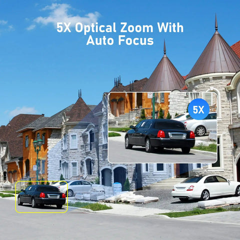 Image of a residential street with zoomed view of a car. Features Outdoor PTZ POE Cam 5MP Dome With 5X Optical Zoom, IR Night Vision.