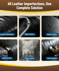 Image showing various leather imperfections: scuffs, rips, burns, splits, faded areas, and cat scratches. No Sweat Leather And Vinyl Repair Kit For Car Seats Couches And Furniture With Color Matching Patches Adhesive Compound And Tools For Quick Scratch Fixes And Smooth Restoration.
