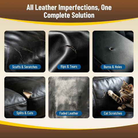 Image showing various leather imperfections: scuffs, rips, burns, splits, faded areas, and cat scratches. No Sweat Leather And Vinyl Repair Kit For Car Seats Couches And Furniture With Color Matching Patches Adhesive Compound And Tools For Quick Scratch Fixes And Smooth Restoration.