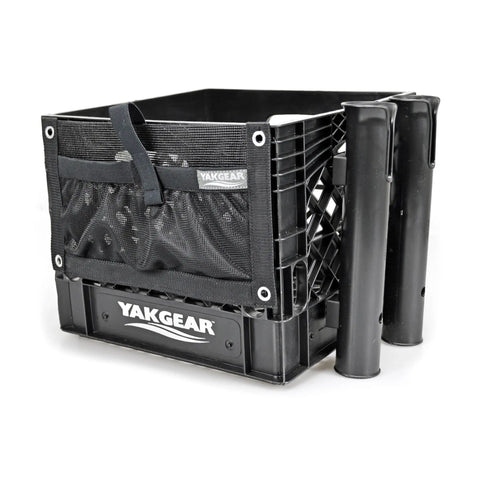Heavy Duty Kayak Fishing Storage Crate With Double Rod Holder Accessory Pouch Anchor Kit Utility Leashes For Hella Solid Paddle Craft Organization And Fishin Ready Angler Setup, black crate with mesh and rod holders.