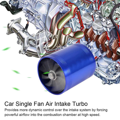 Dual Turbine Air Intake System For Most Vehicles, Turbocharged Airflow Boost Kit with blue finish, shown installed in engine