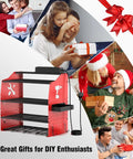 Composite image of Power Tool Wall Mount Organizer With Charging Station, red metal 5-layer tool rack, and gift-giving scenes.