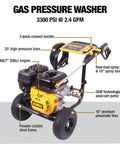 Powerful 3300 PSI Gas Pressure Washer With 2.4 GPM, 208cc Residential Engine, 5 Nozzles, Spray Gun, Wand, 25 Foot Hose, Easy Start, Axial Cam Pump Delivers Clean For Decks, Patios, Siding And Exterior Prep.