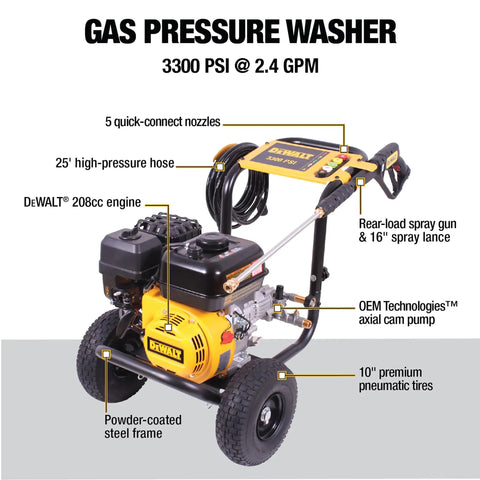 Powerful 3300 PSI Gas Pressure Washer With 2.4 GPM, 208cc Residential Engine, 5 Nozzles, Spray Gun, Wand, 25 Foot Hose, Easy Start, Axial Cam Pump Delivers Clean For Decks, Patios, Siding And Exterior Prep.