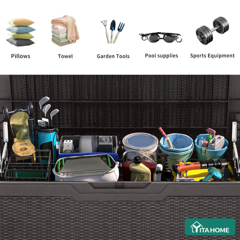 100 Gallon Large Deck Box Outdoor Resin Storage For Patio Furniture Cushions And Garden Tools Weatherproof Lockable Lid with items.