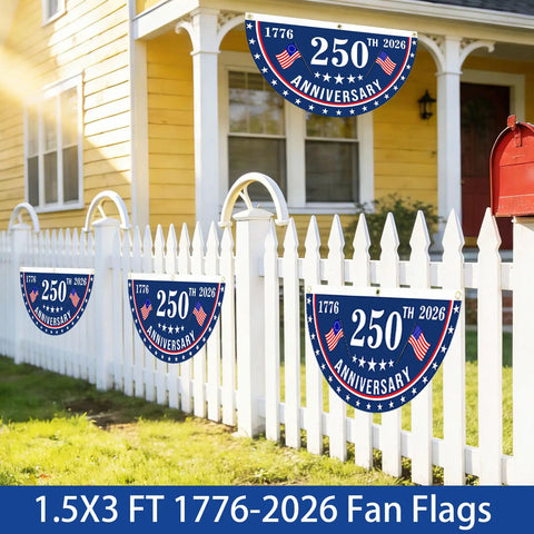 USA 250th Anniversary Flag 1.5x3 Ft Outdoor Yard Decor Flag Banner With Brass Grommets displayed on a white picket fence