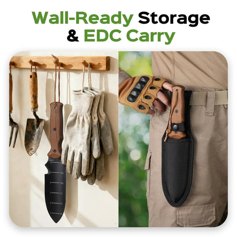 All In One Garden Knife With 7 Inch Stainless Steel Blade Dual Scale Measurement stored on wall, carried in EDC sheath