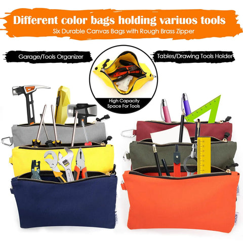 Heavy Duty Canvas Tool Pouches Set With Zipper Bags And Carabiners, 12x7 Inch Multipurpose Utility Organizer Bags, 6 Pack, colorful