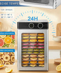 Kick Your Snack Game With This Badass Electric Food Dehydrator Featuring Twelve Roomy Trays And A Mighty 1200 Watts Heating System For Spotlessly Even Drying On Trail Jerky Seasonal Fruit And Custom Dog Treats with clear view of drying fruits.