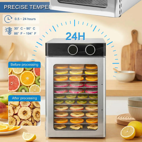 Kick Your Snack Game With This Badass Electric Food Dehydrator Featuring Twelve Roomy Trays And A Mighty 1200 Watts Heating System For Spotlessly Even Drying On Trail Jerky Seasonal Fruit And Custom Dog Treats with clear view of drying fruits.