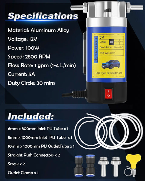 12V Electric Oil Extractor Pump With Slick Self Priming Flow features aluminum alloy construction, ideal for engine oil drainage and fluid swaps.