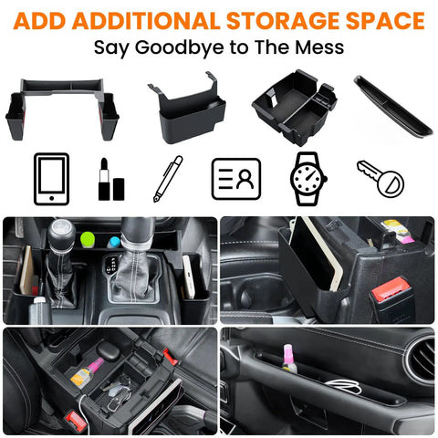 4 Piece Center Console Organizer Kit For Jeep Wrangler JL JLU 4Xe 2018 2026 And Gladiator JT 2020 2026 gear shift and armrest storage