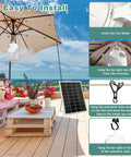 Solar Powered Ceiling Fan With 30W Solar Panel And 20000mAh Battery installed on outdoor patio with installation steps shown.