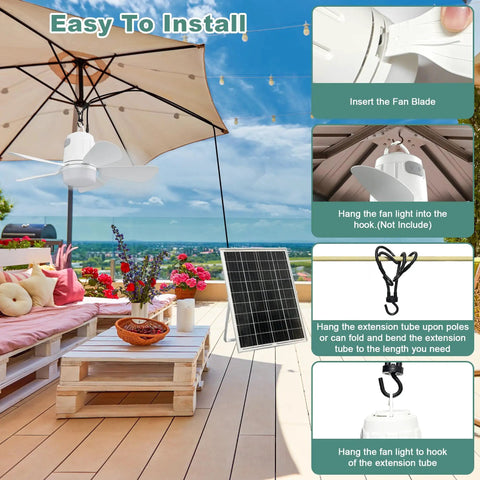 Solar Powered Ceiling Fan With 30W Solar Panel And 20000mAh Battery installed on outdoor patio with installation steps shown.