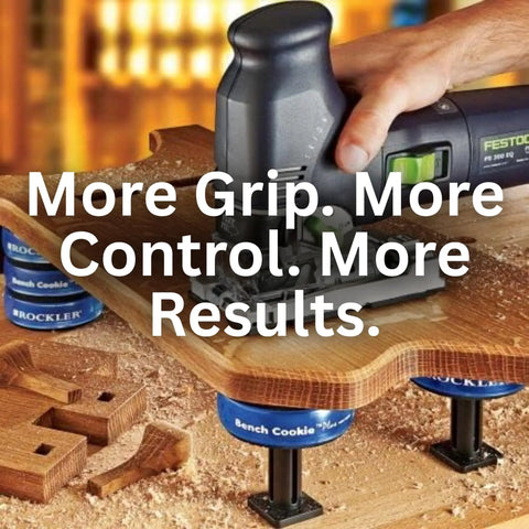 Bench Cookie Plus Work Grippers 4 Pack Clamp Free Work Support used in woodworking with router on wooden board