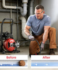 100 Foot Auto Feed Drain Snake With Three Quarter Inch Electric Drain Auger being used for unclogging pipes and toilets.
