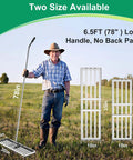 Man holding Heavy Duty Lawn Leveler Rake With 304 Stainless Steel Head, 30 Inch Wide, 6.5 Foot Ergonomic Handle for landscaping