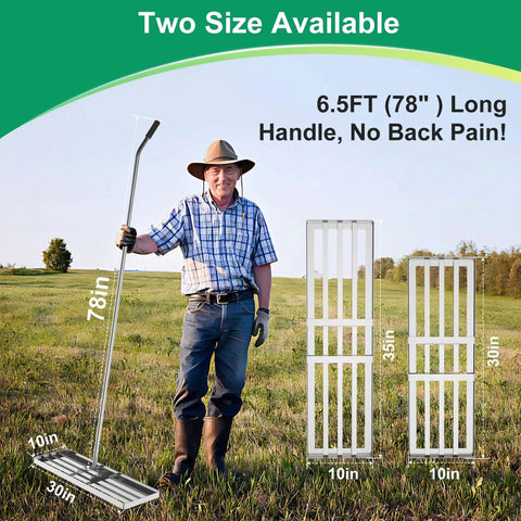 Man holding Heavy Duty Lawn Leveler Rake With 304 Stainless Steel Head, 30 Inch Wide, 6.5 Foot Ergonomic Handle for landscaping