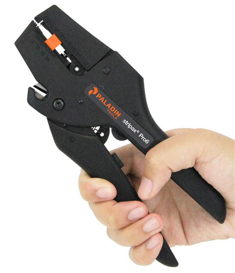 Hand holding Automatic Wire Stripper And Cutter Pro Tool For 28-10 AWG THHN THHW Insulation Self-Adjusting Premium Grade