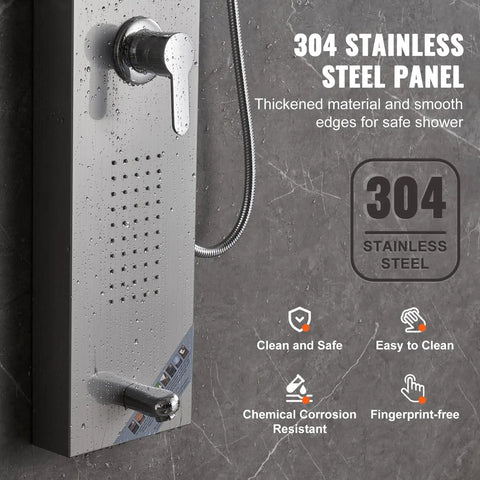Slick Stainless Steel Shower Panel Tower Featuring Five Kickass Spray Modes, Smooth Knob Control, Rainfall Showerhead, Waterfall Stream, Dual Body Massage Jets, Bathtub Spout, And Handheld Sprayer Kit