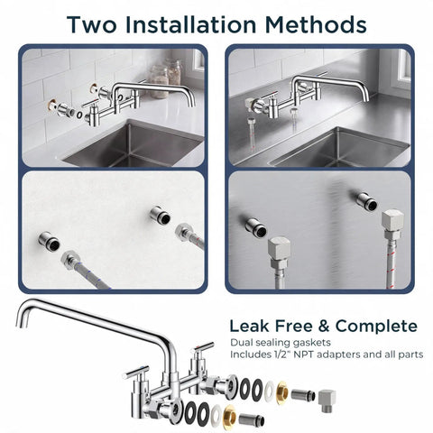 FORIOUS Chrome Wall Mount Kitchen Faucet, Adjustable 8 Inch Center 2 Handle installation options with NPT adapters and seals.