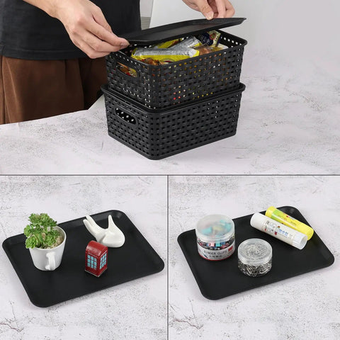 Six Pack Plastic Storage Baskets With Lids For Easy Organization, Stackable Ventilated Bins BPA Free Durable Black Storage Containers
