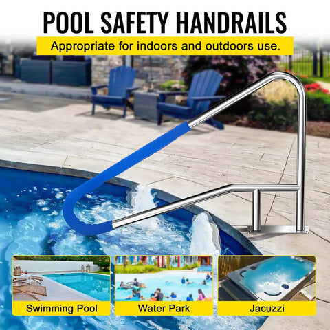 Heavy Duty Pool Handrail With Four Corner Flex And Blue Rubberized Comfort Guard Forged From 304 Stainless Steel, ideal for outdoor pools.
