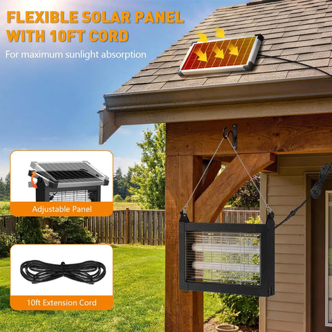 Outdoor Ready 4500V Solar Bug Zapper with 10ft extension cord installed on shed for backyard use.