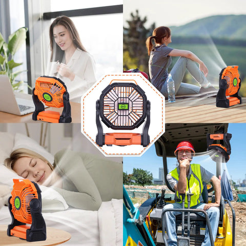 Portable USB Camping Fan With 20000mAh Battery Cordless Rechargeable Personal Fan displayed in outdoor settings