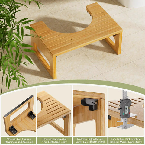 7 Inch Bamboo Toilet Stool for Adults, Foldable Squat Potty for Bathroom, 0.79 Inch Thick, Non Slip Grip shown on tile floor with plant