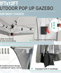 12x12 Ft Pop Up Gazebo With Netting, Easy One Person Setup No Tools Needed In Minutes, 3 Height Settings, detail of features