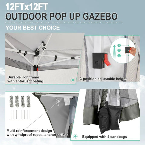 12x12 Ft Pop Up Gazebo With Netting, Easy One Person Setup No Tools Needed In Minutes, 3 Height Settings, detail of features