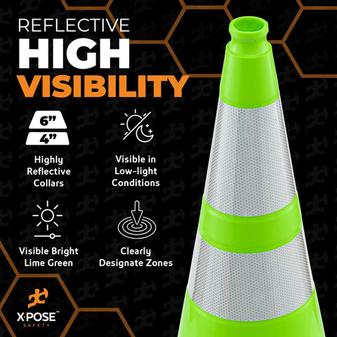 36 Inch Lime Green Traffic Cone With Dual 6 Inch And 4 Inch Reflective Collar Four Pack Heavy Duty PVC Safety Cone display