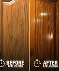 Before and after using versatile wood cleaner and furniture polish with fresh lemon oil on wooden cabinet doors.