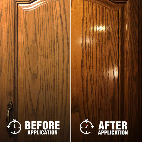 Before and after application of Top Shelf Furniture Polish And Wood Cleaner With Real Lemon Oil on wooden cabinet door.
