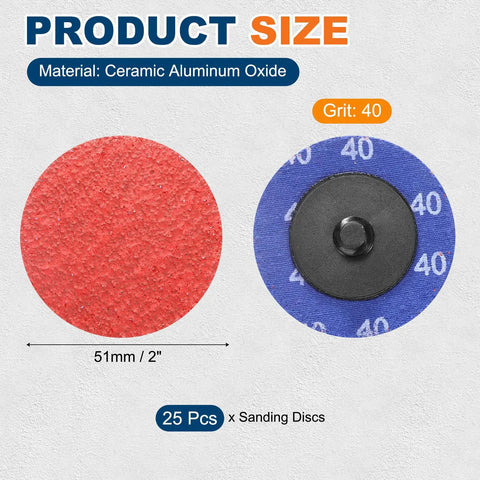 Professional 2 Inch Ceramic Sanding Discs 25 Pack 40 Grit Coarse Abrasive Wheels For Die Grinders showing size and material detail.