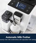 One Touch Automatic Espresso Machine With Integrated Grinder And Smart Milk Frother In Sleek White Delivers Eighteen Shop Quality Shots That Truly Hit Different Every Day, close-up of automatic milk frother in action.