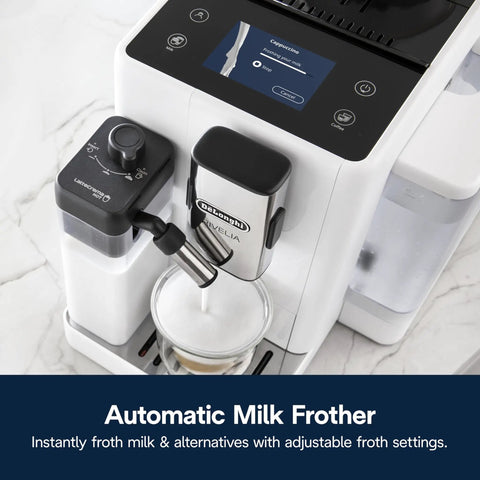 One Touch Automatic Espresso Machine With Integrated Grinder And Smart Milk Frother In Sleek White Delivers Eighteen Shop Quality Shots That Truly Hit Different Every Day, close-up of automatic milk frother in action.