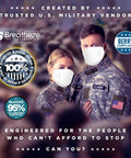 Two people in military uniforms wearing KN95 Face Mask 10 Pack Made In USA Disposable Breathable White Facemask With Elastic Ear Loops and Adjustable Nose Clip.